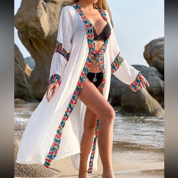 Other - Boho Crochet Trim Kimono Cardi Cover UP White